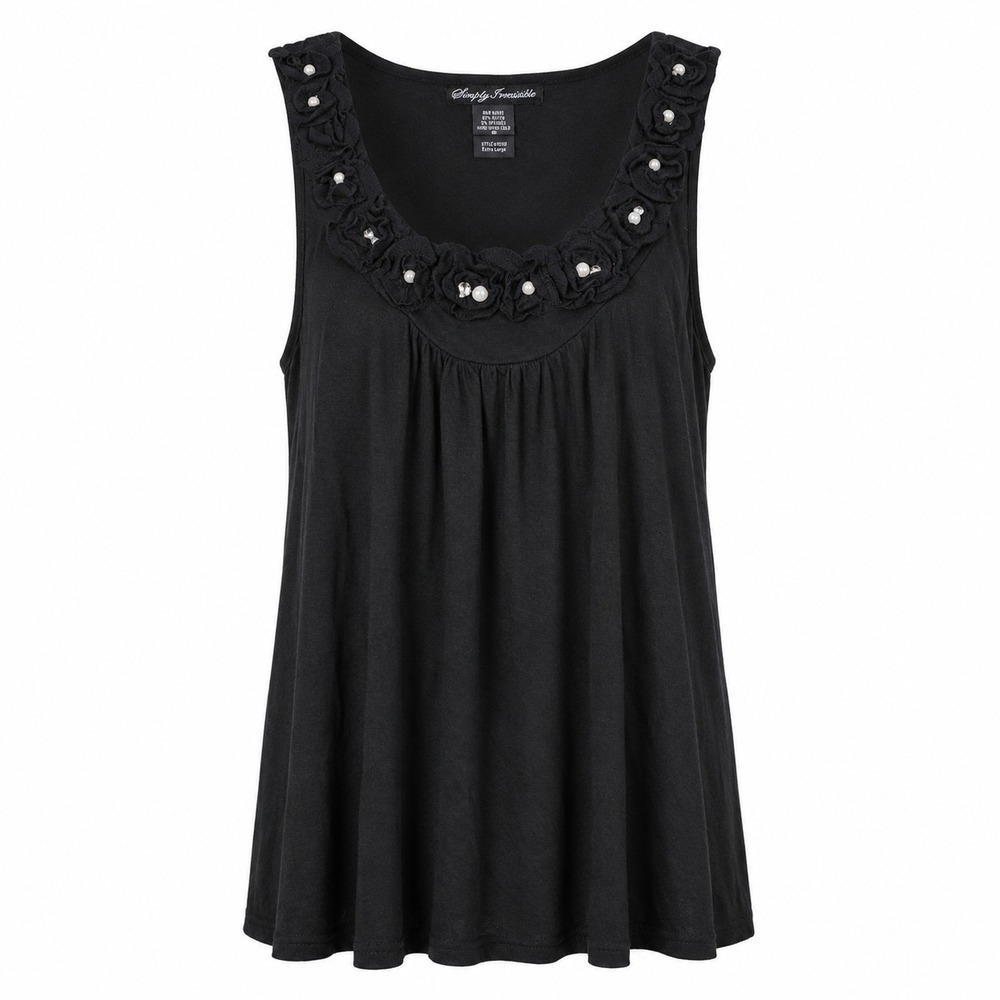 Simply‎ Irresistible Black Rosette Pearl Tank Top XL Sleeveless Embellished 6200